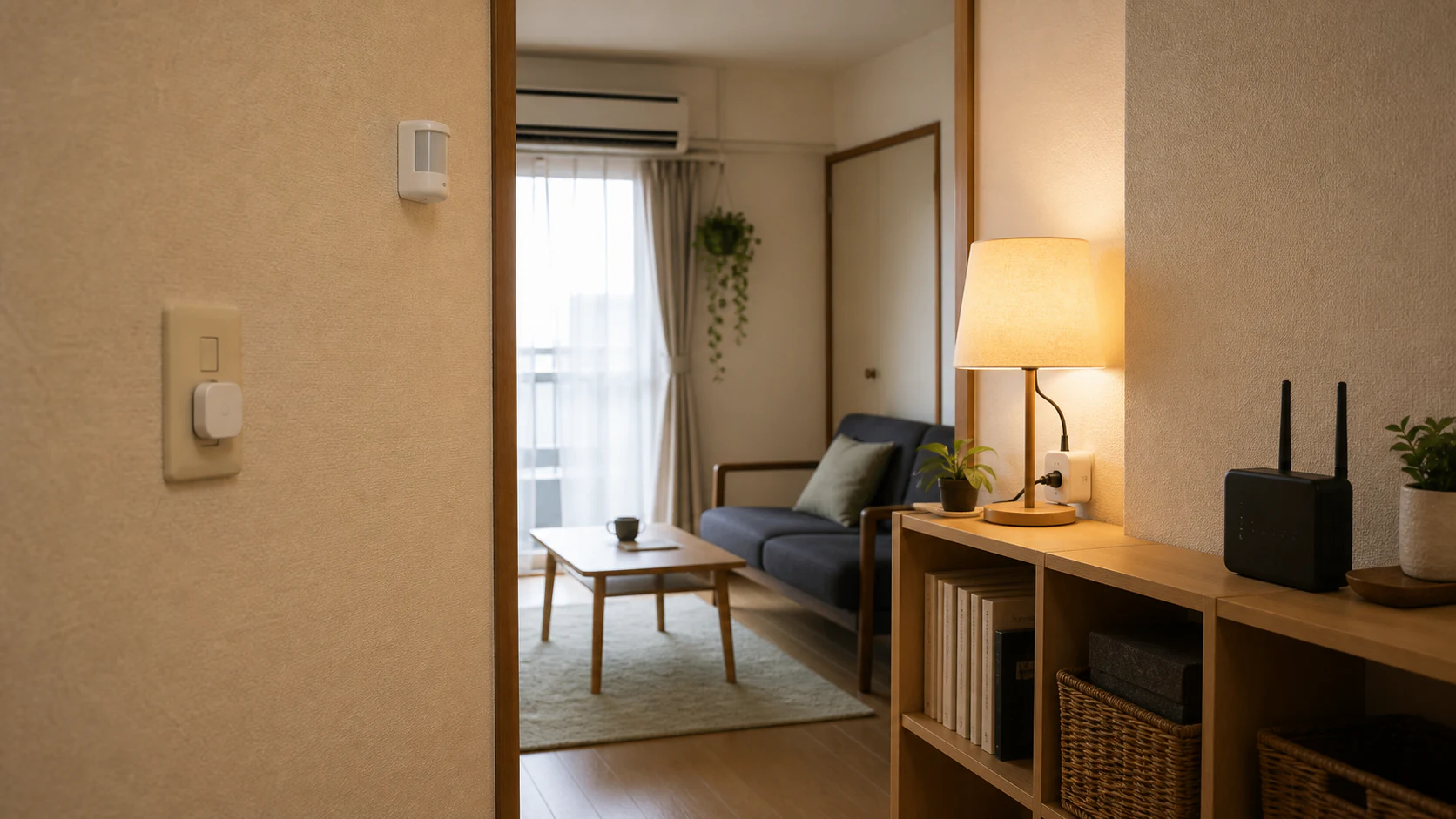 古い賃貸の部屋でスマートホームの通信方式と設置場所を比べるイメージ