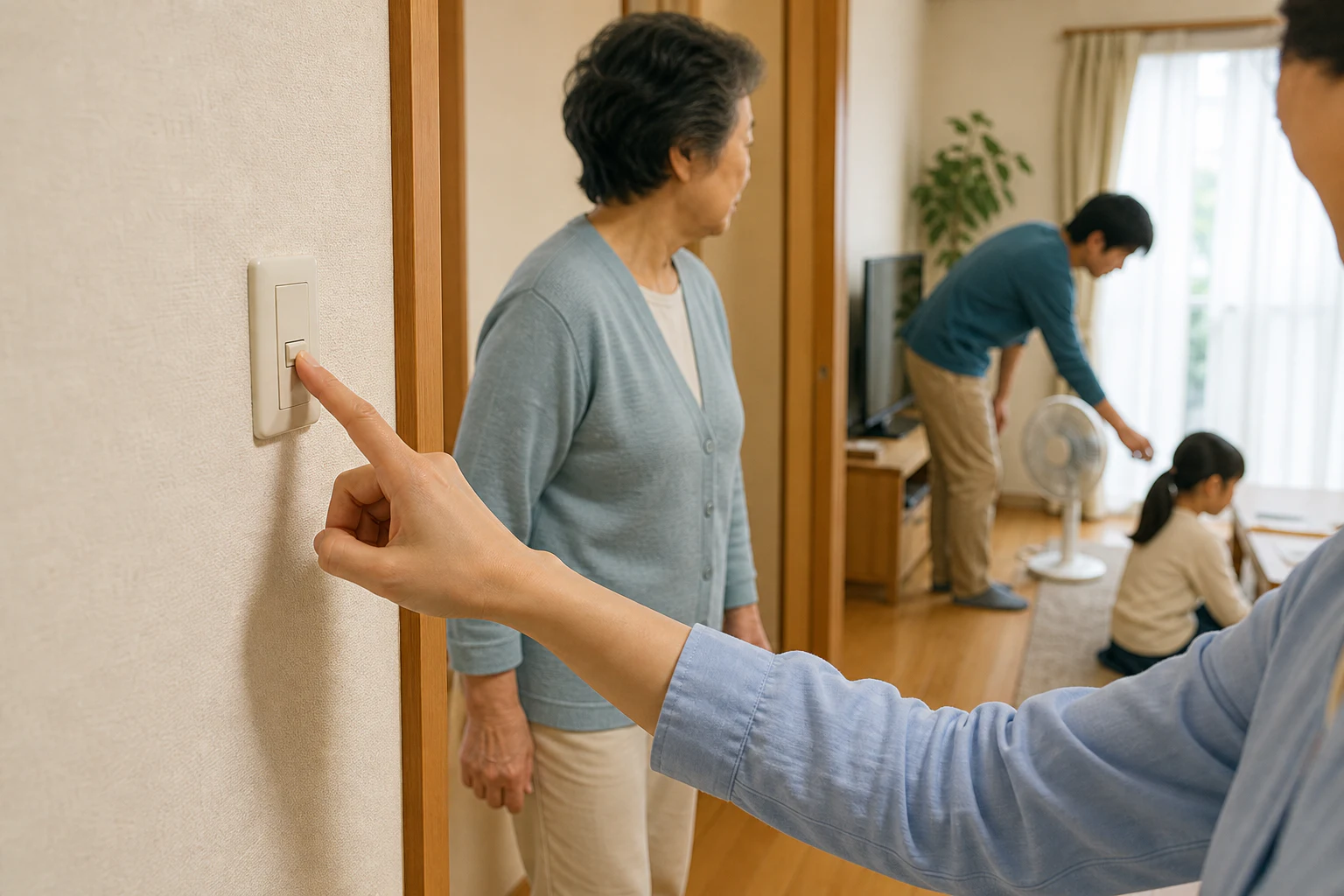 家族が日本の壁スイッチを普段どおり手動操作する場面