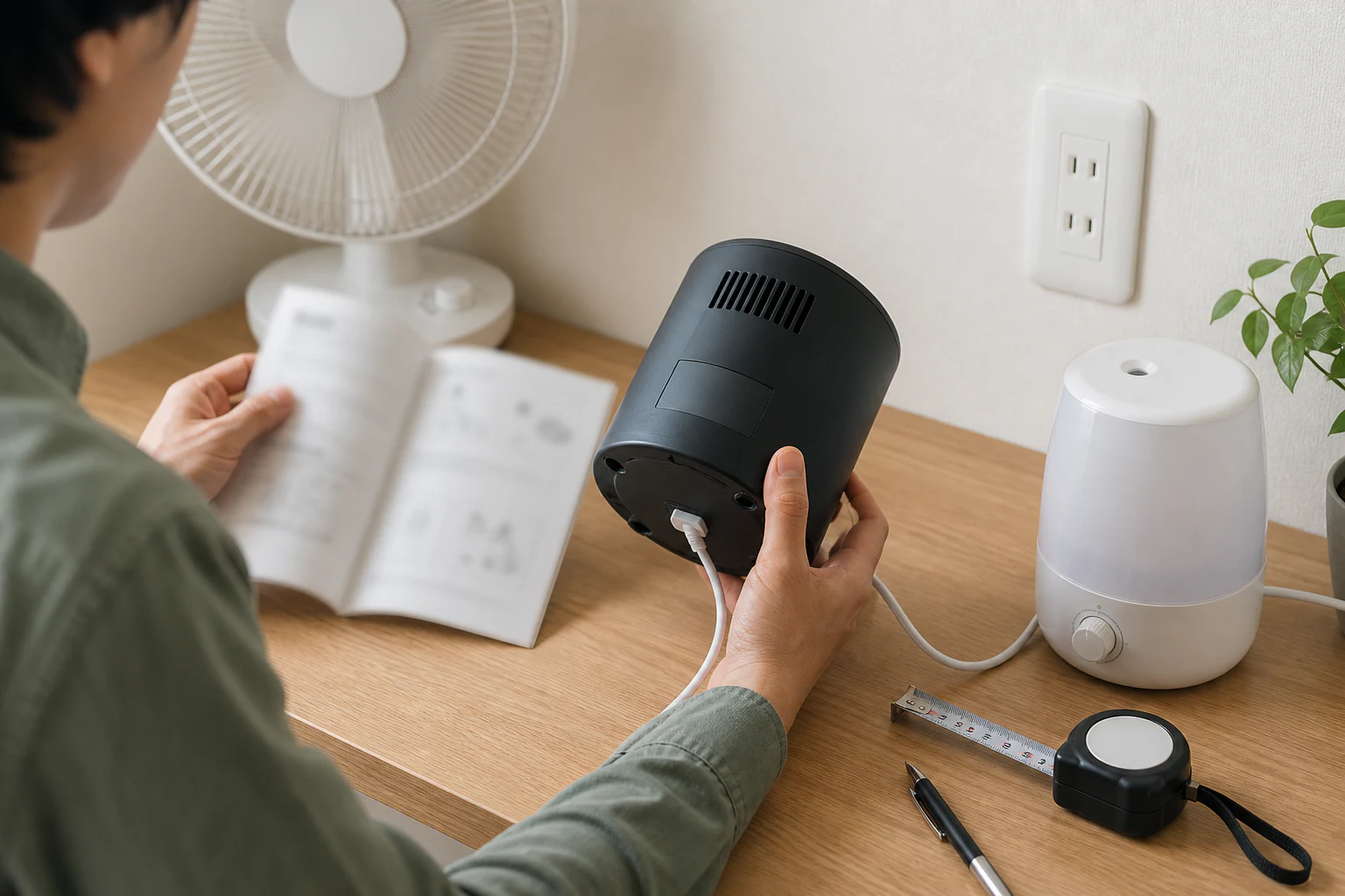 家電の取扱説明書と本体、コンセント位置を購入前に確認する場面