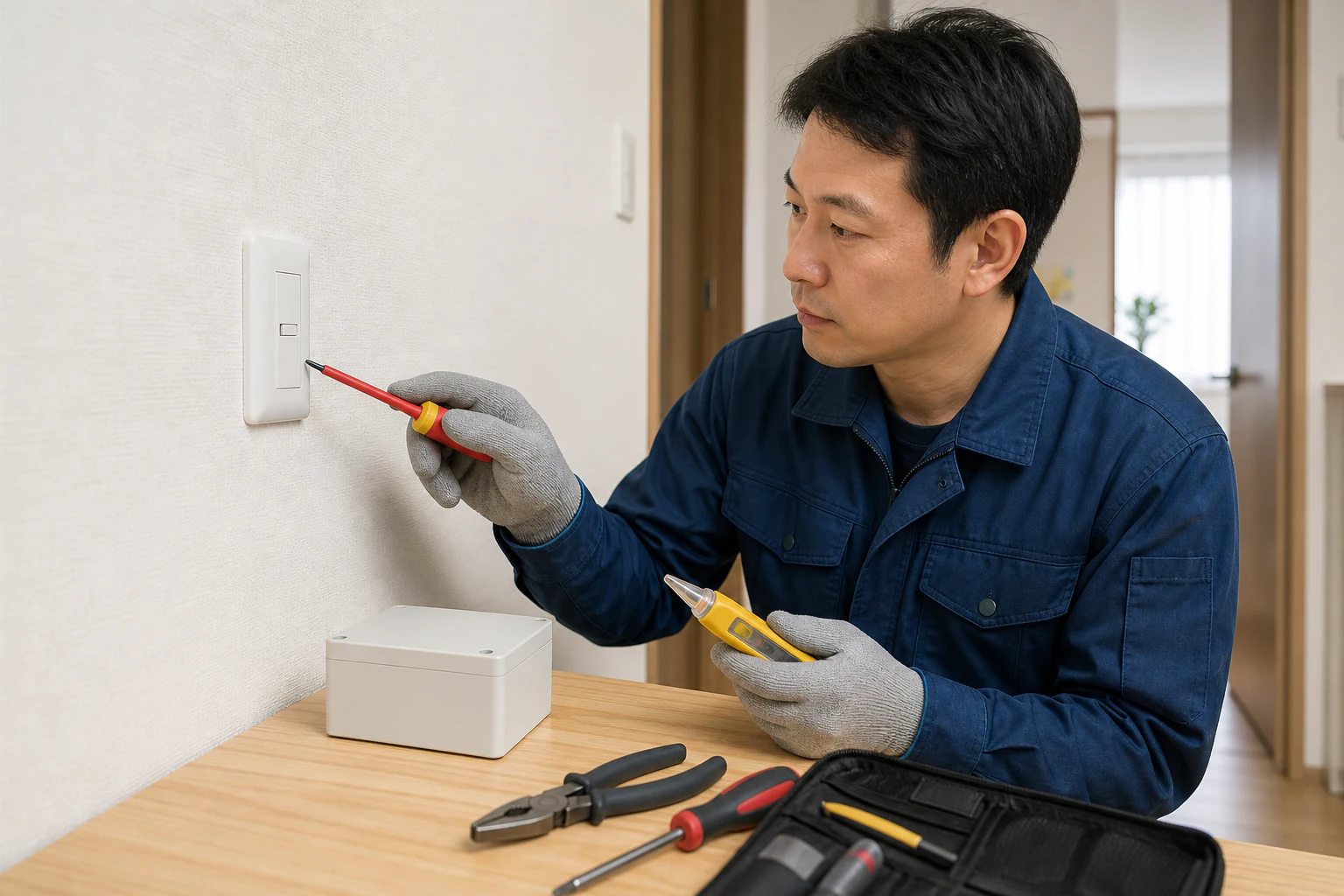 日本の壁スイッチを電気工事士が安全に点検する場面