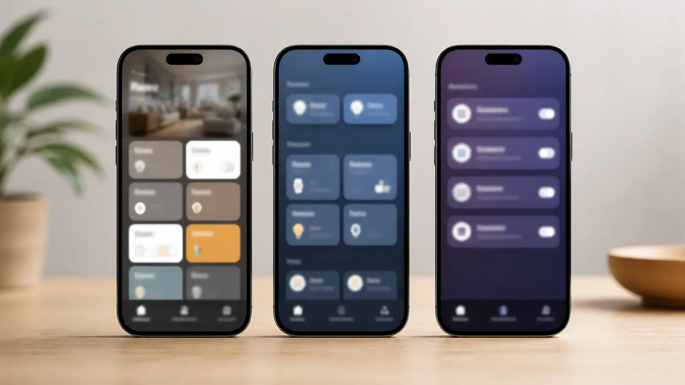 三つのスマートホームアプリで部屋とグループの整理方法が違うイメージ