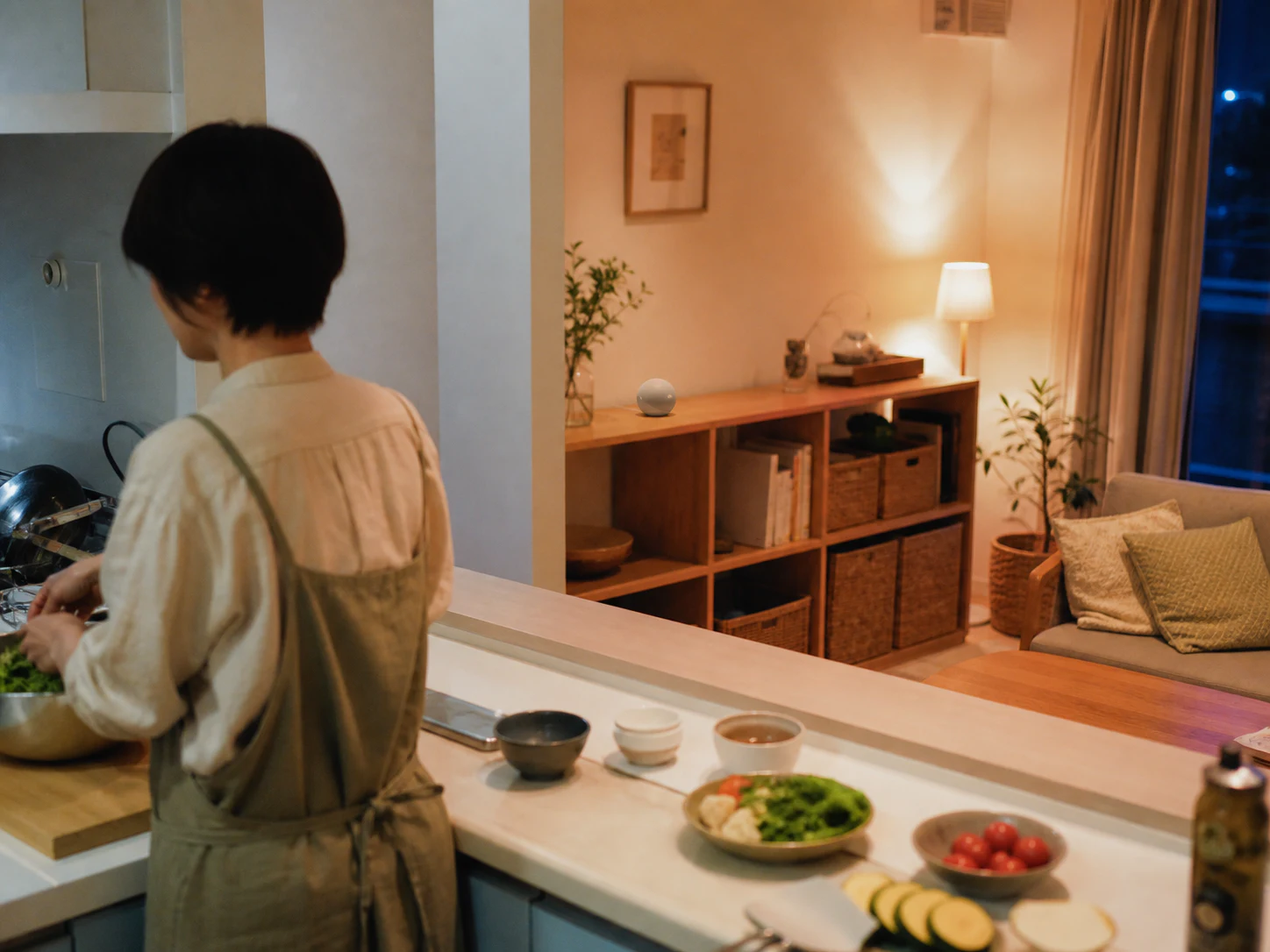キッチンで食事を作る人とリビングの共用スピーカー