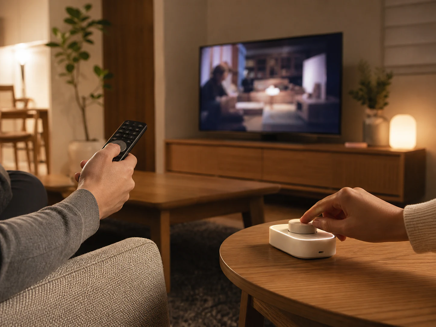 家族が物理リモコンとスマートホームコントローラーを使い分ける夜のリビング