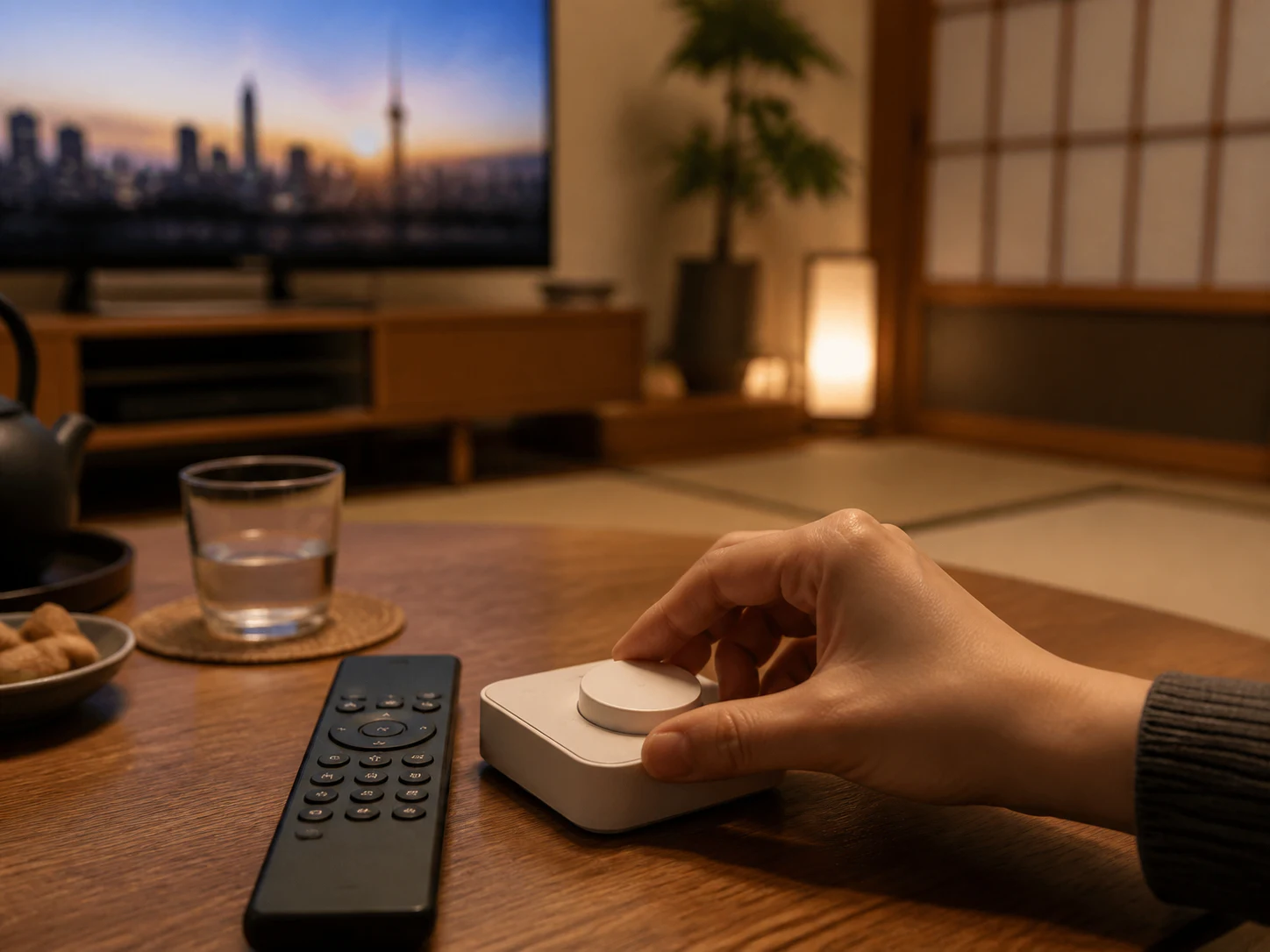 家族がテレビのリモコンと小型コントローラーを使い分ける場面