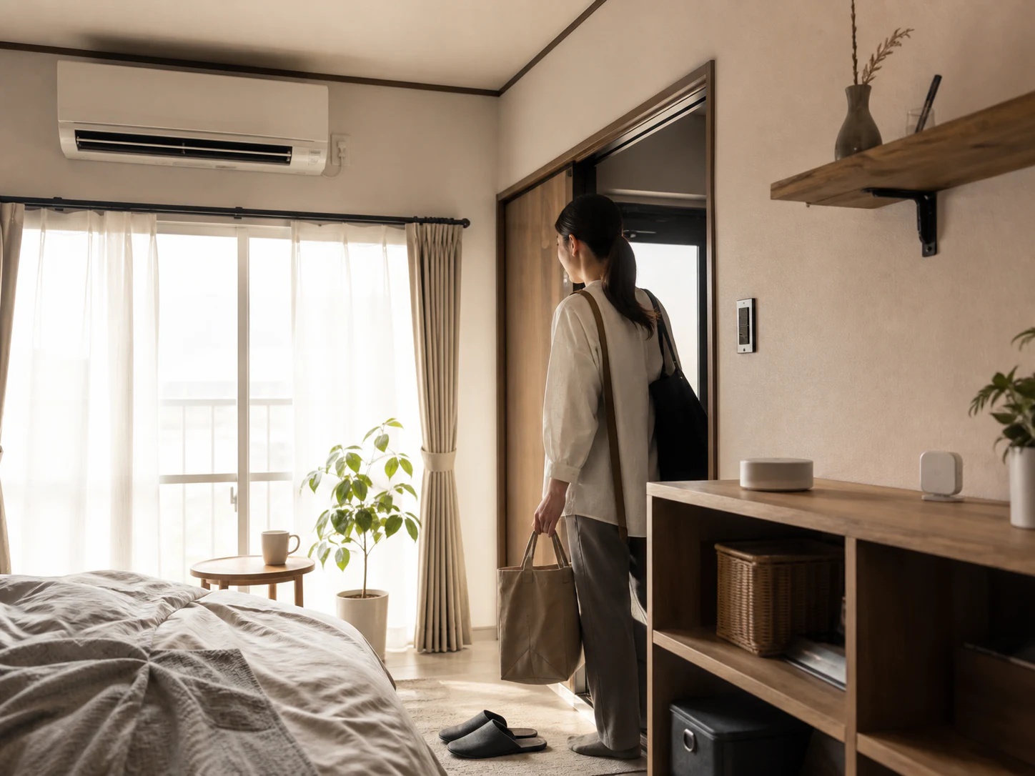 エアコンのある日本の部屋で温度管理を始める場面