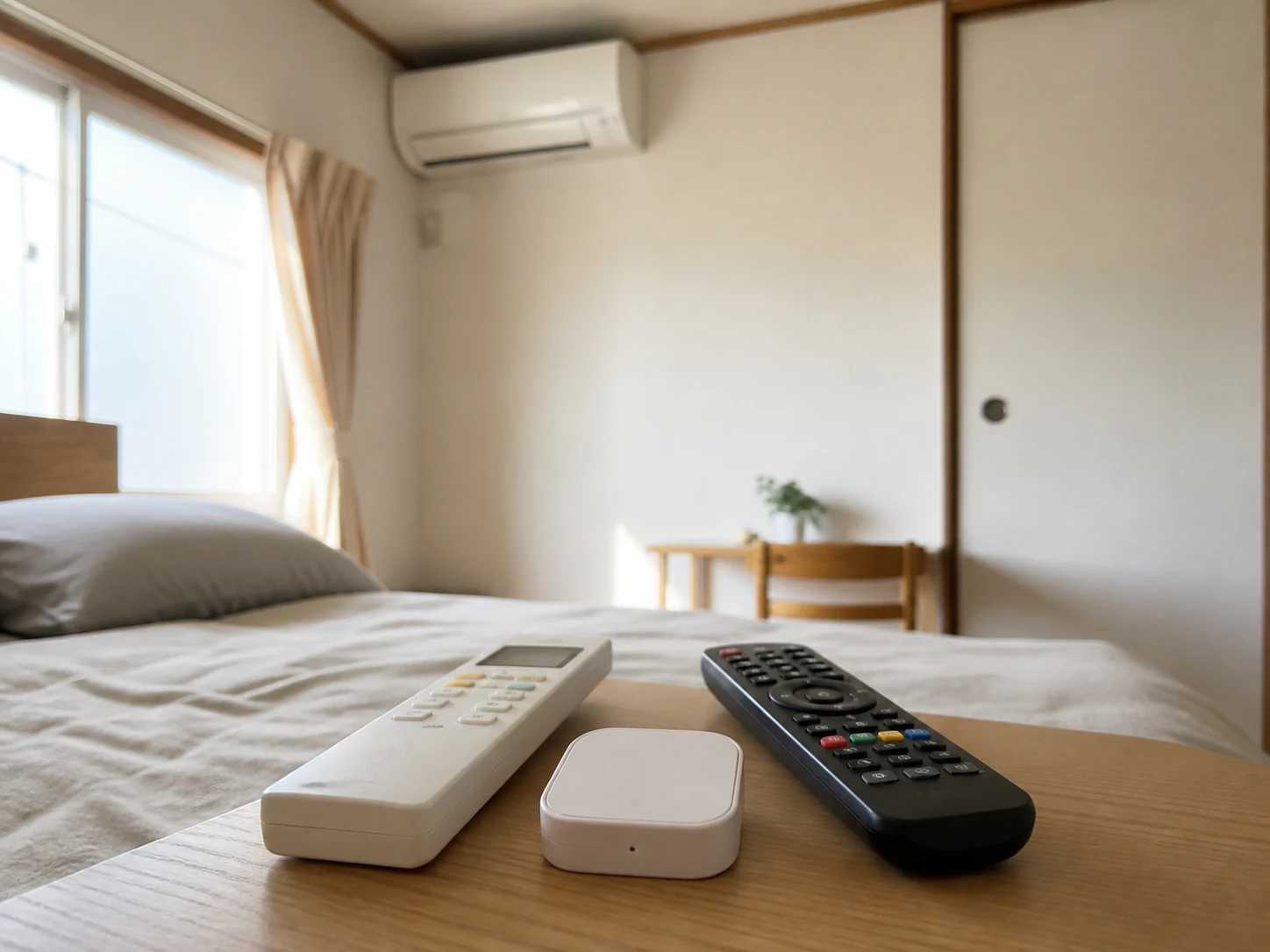 小さなスマートリモコンとテレビ・エアコンのリモコンを置いた寝室