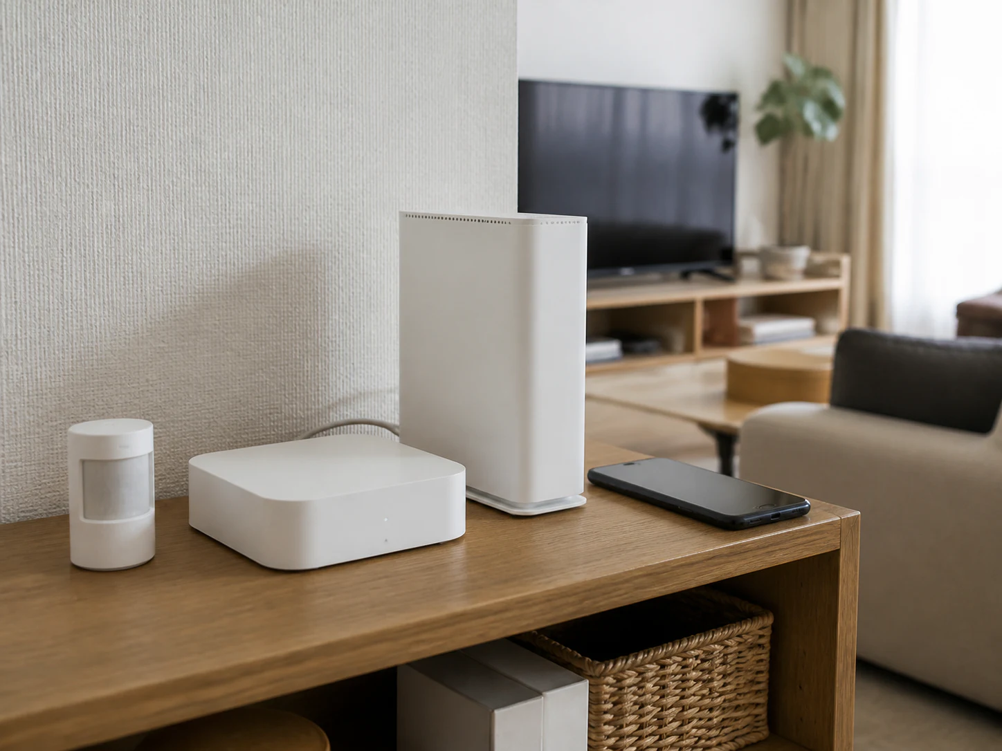 スマートリモコンとWi-Fiルーター、センサーを同じ棚に置く場面
