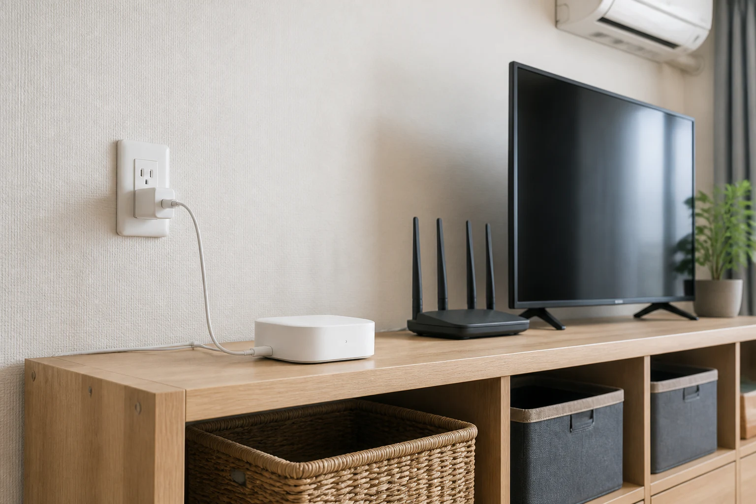 Wi-FiルーターとTapo機器を置いた棚でスマートリモコンの場所を決めるイメージ