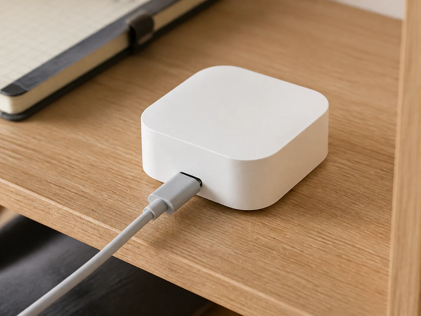 USB-Cケーブルを小型ボタンプッシャーへ挿す充電の場面