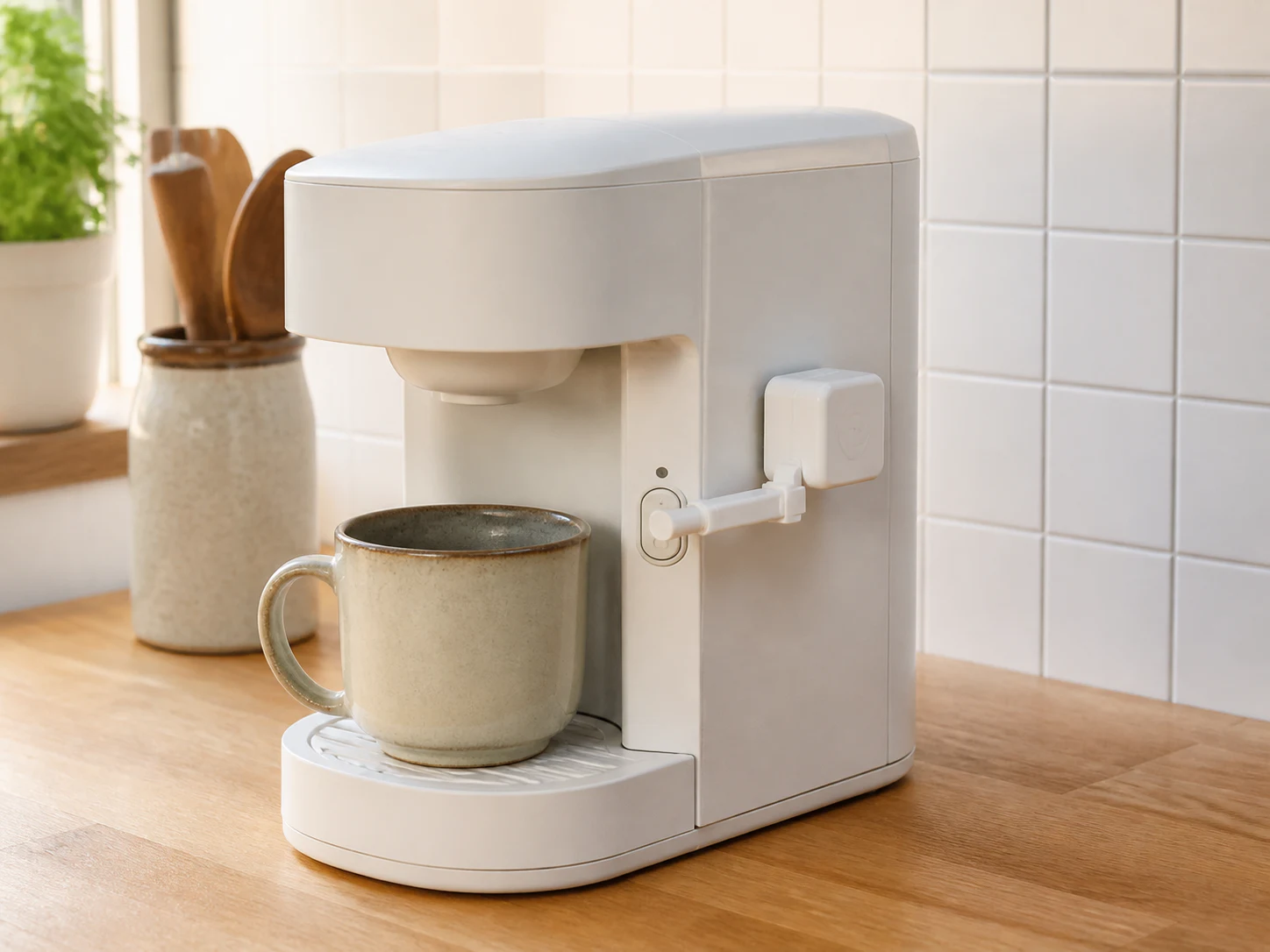 物理ボタンの横にボタンプッシャーを取り付けたコーヒーメーカー