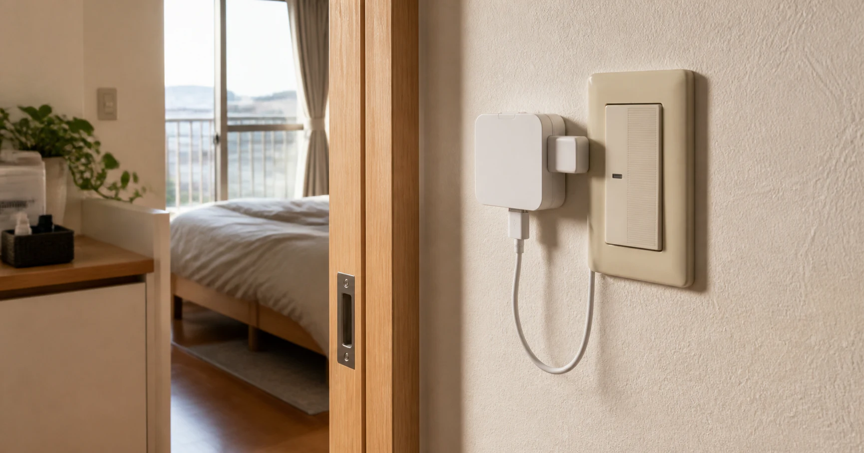 日本の住まいの壁スイッチに取り付けた充電式ボタンプッシャー