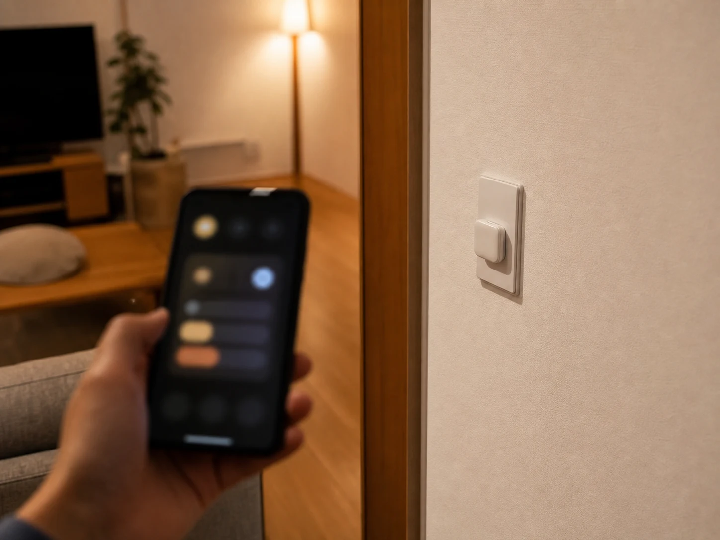 壁スイッチを背景にスマートフォンで操作する場面