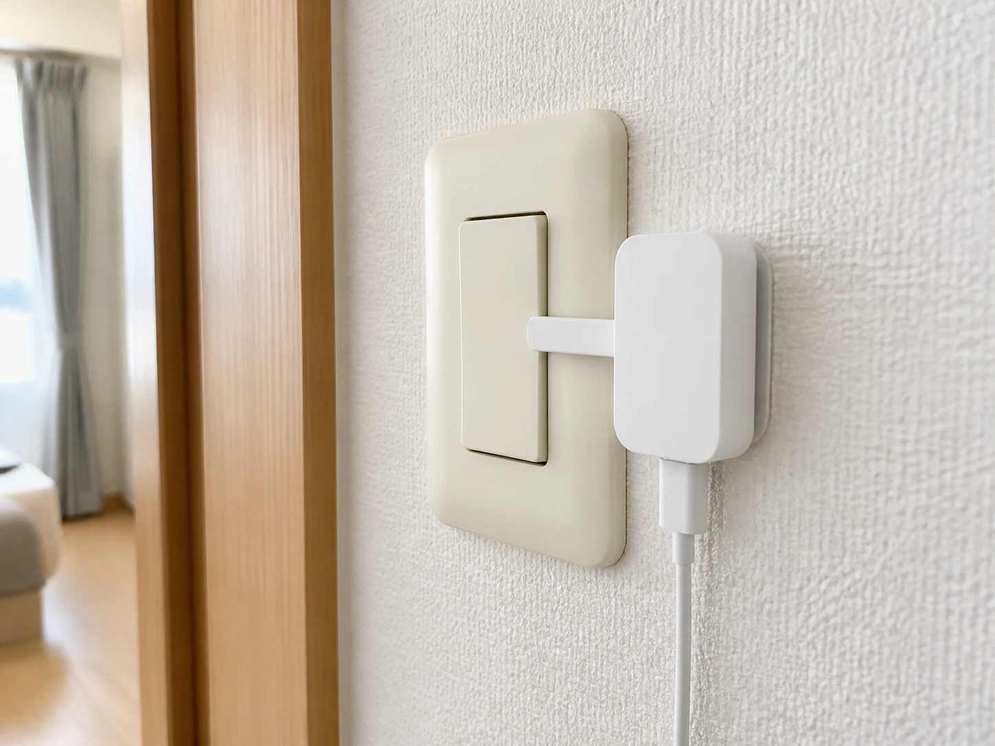 日本の壁スイッチにボタンプッシャーのアームを合わせた場面