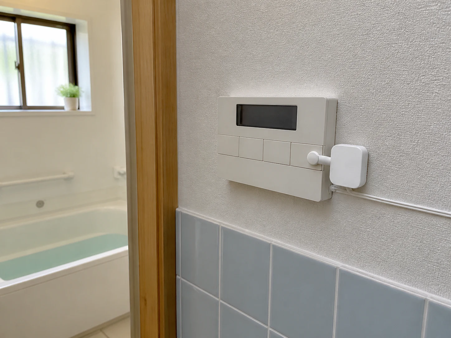 浴室の入口にある給湯器リモコンとボタンプッシャー