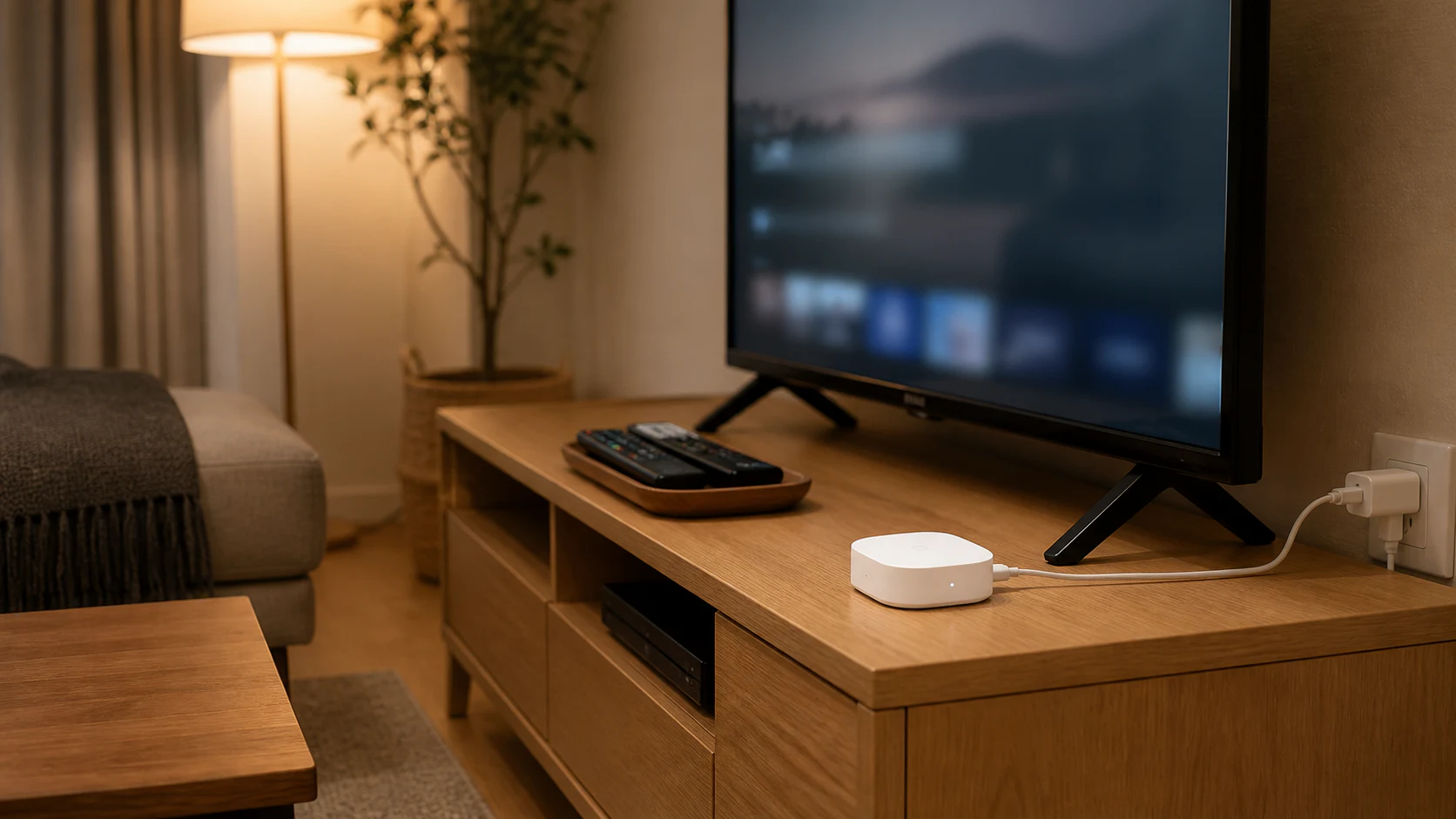 日本のリビングのテレビ台に置いた白いスマートリモコンとテレビのリモコン