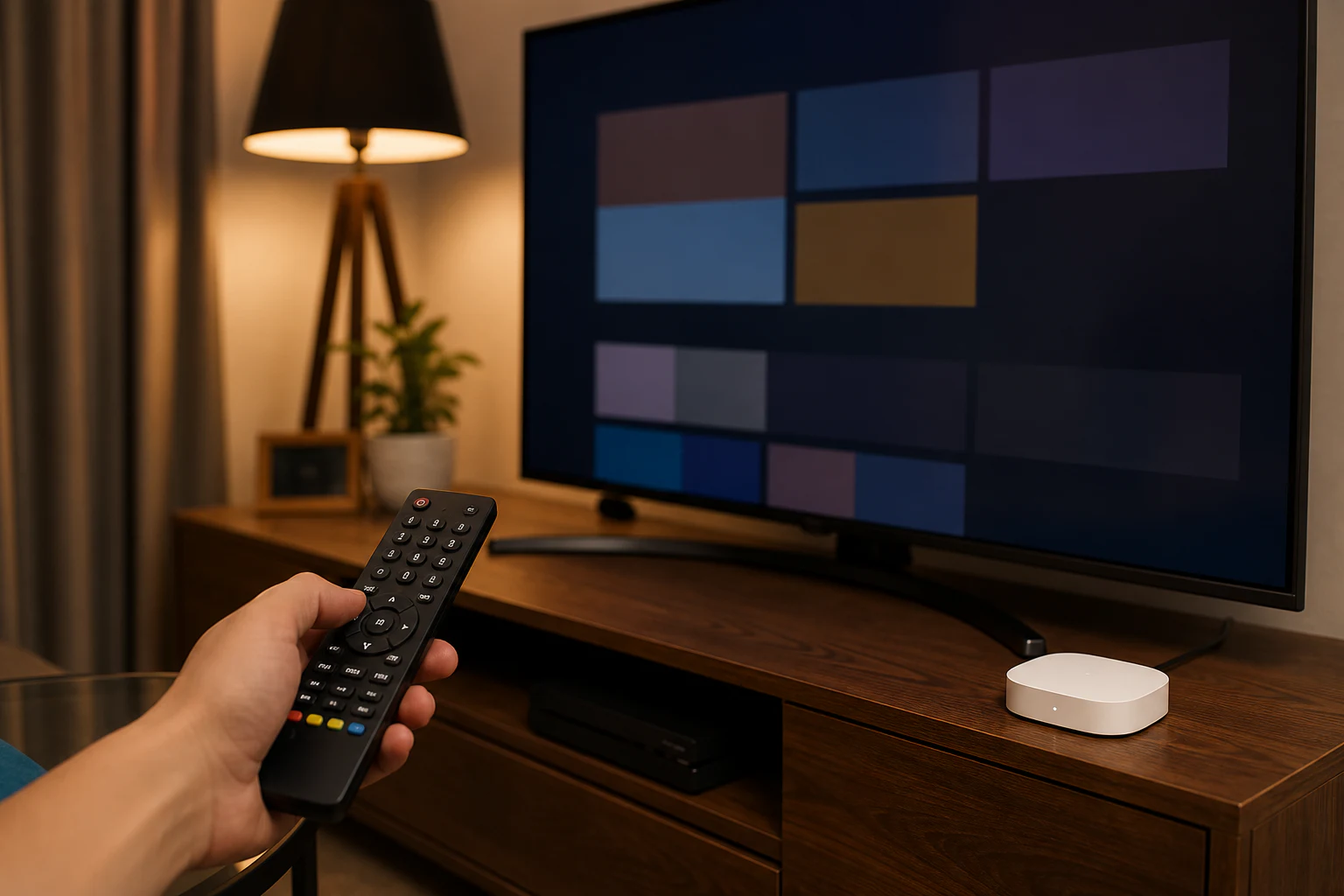 テレビ画面の入力切替を確認しながら白いスマートリモコンを使う設置イメージ