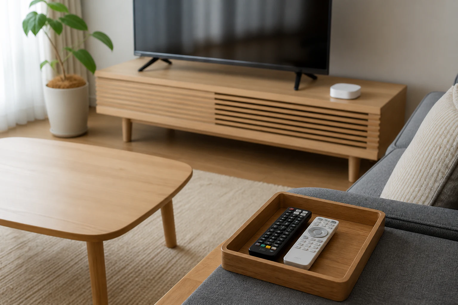 テレビ台のハブとソファ側のトレーに置いた元のリモコンの設置イメージ