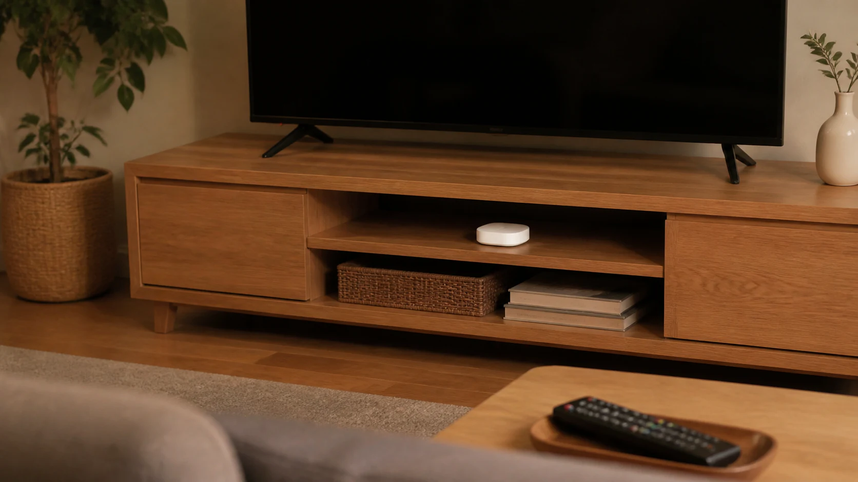 ソファからテレビ台の白いスマートリモコンへ向いたリビングの設置イメージ