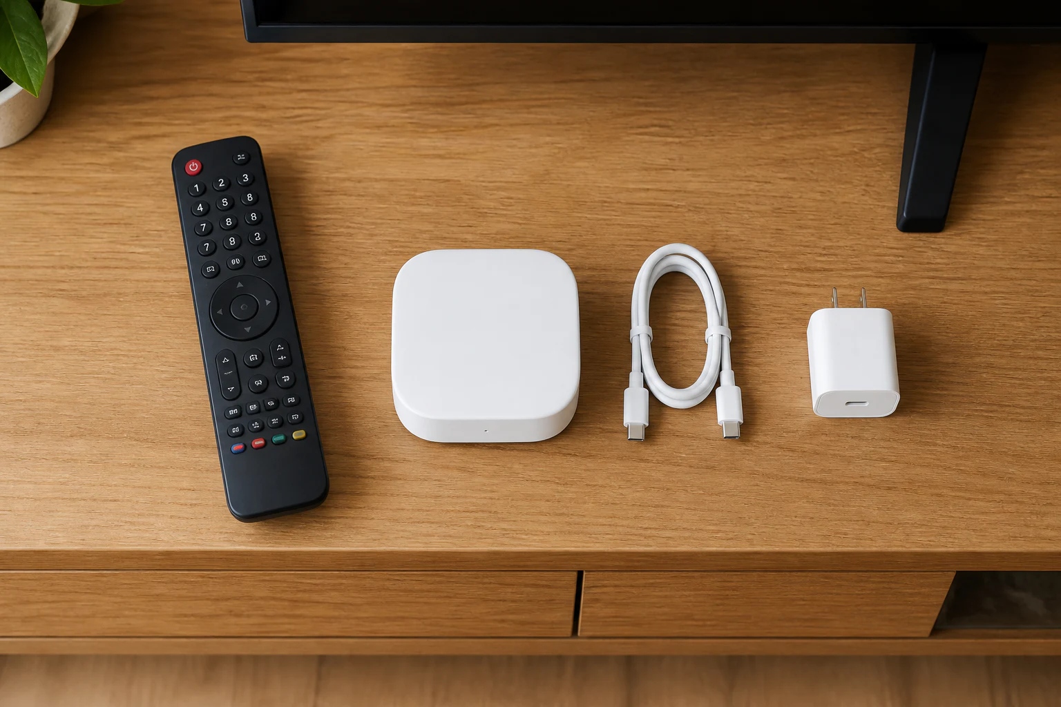 テレビのリモコン、白いハブ、USB Type-Cケーブル、別売電源を並べた購入前確認のイメージ
