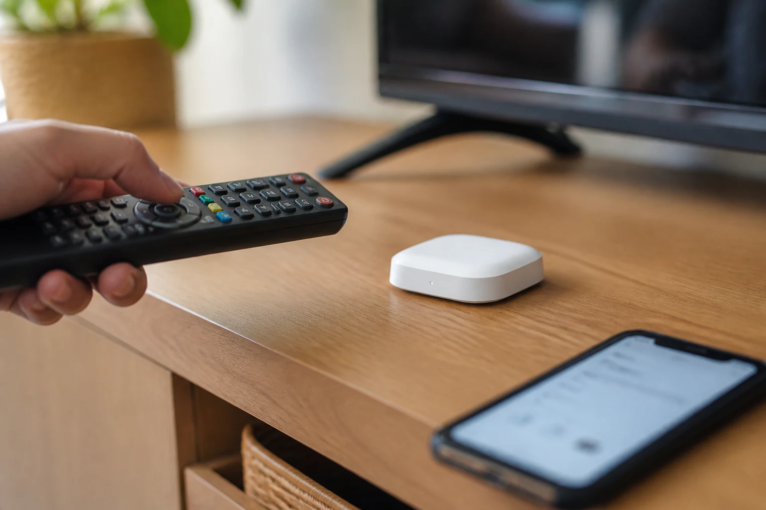 テレビのリモコンを白いスマートリモコンへ向けて登録する設置イメージ