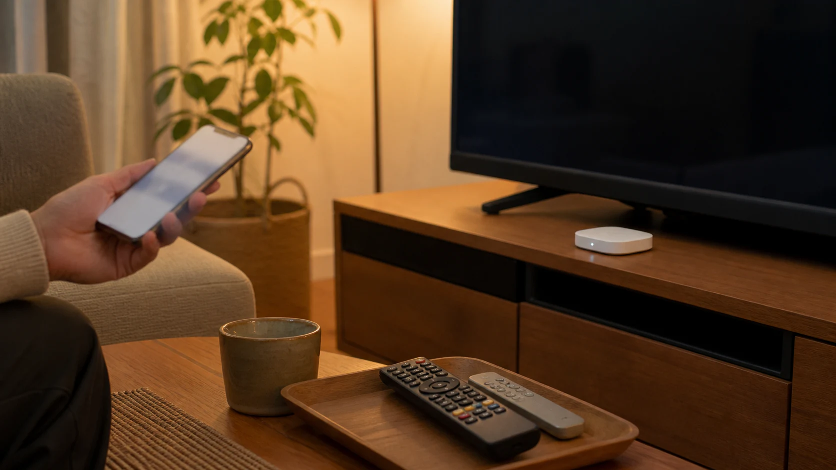 テレビと白いスマートリモコンをスマートフォンから操作するリビングのイメージ