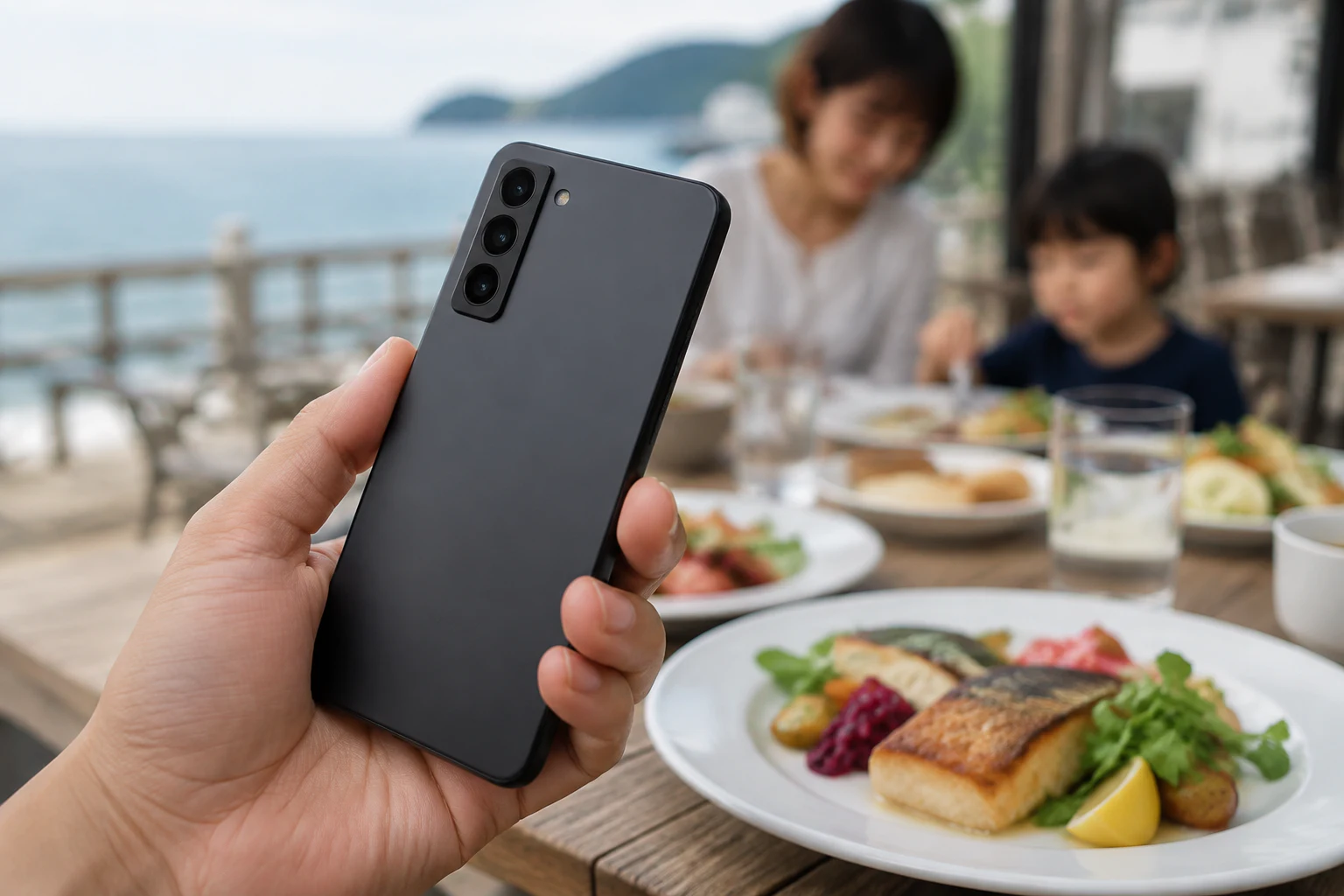 海辺の食事を撮影する薄型スマートフォンを背面から見たイメージ