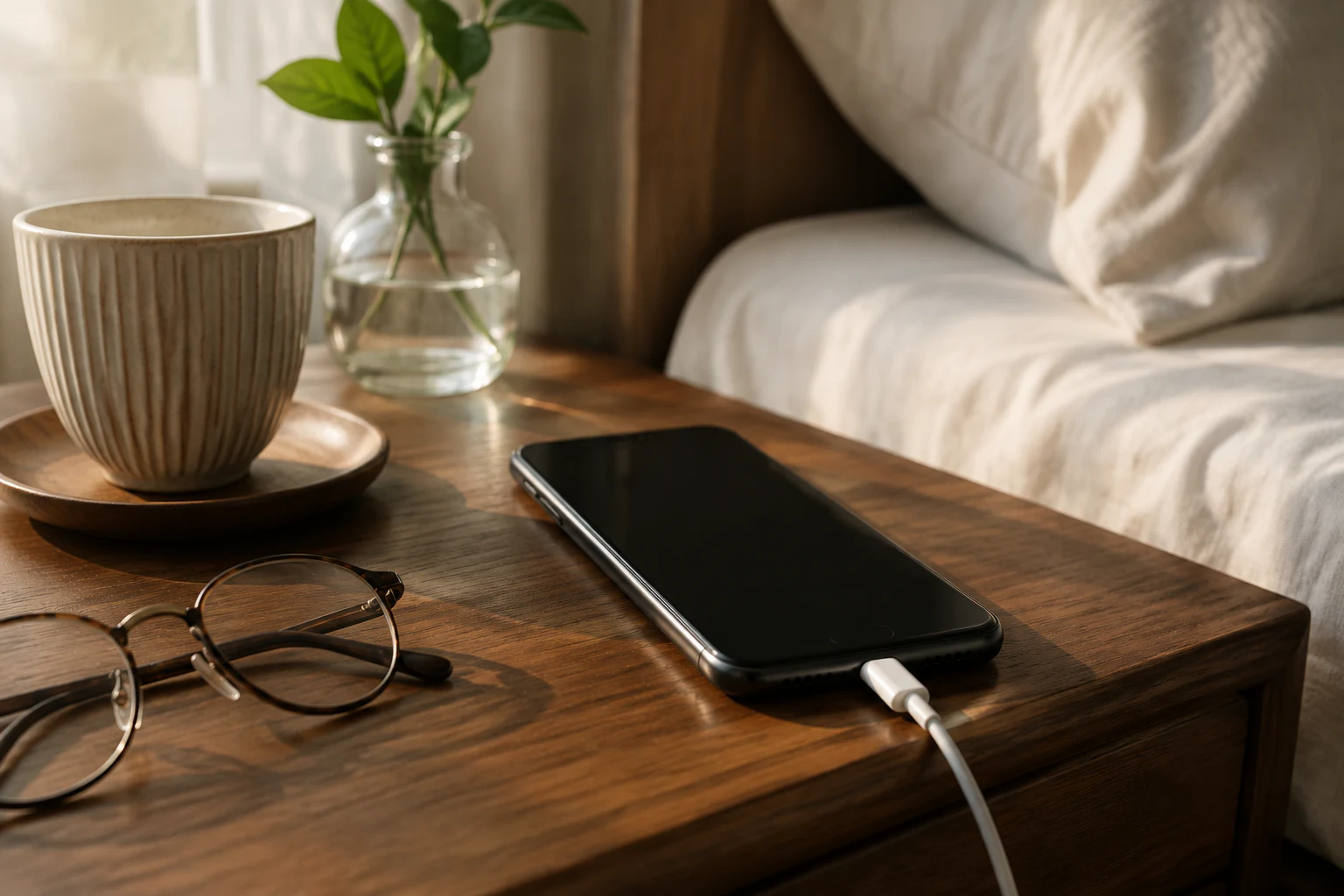 ベッドサイドで充電中のスマートフォンと眼鏡、朝の生活場面
