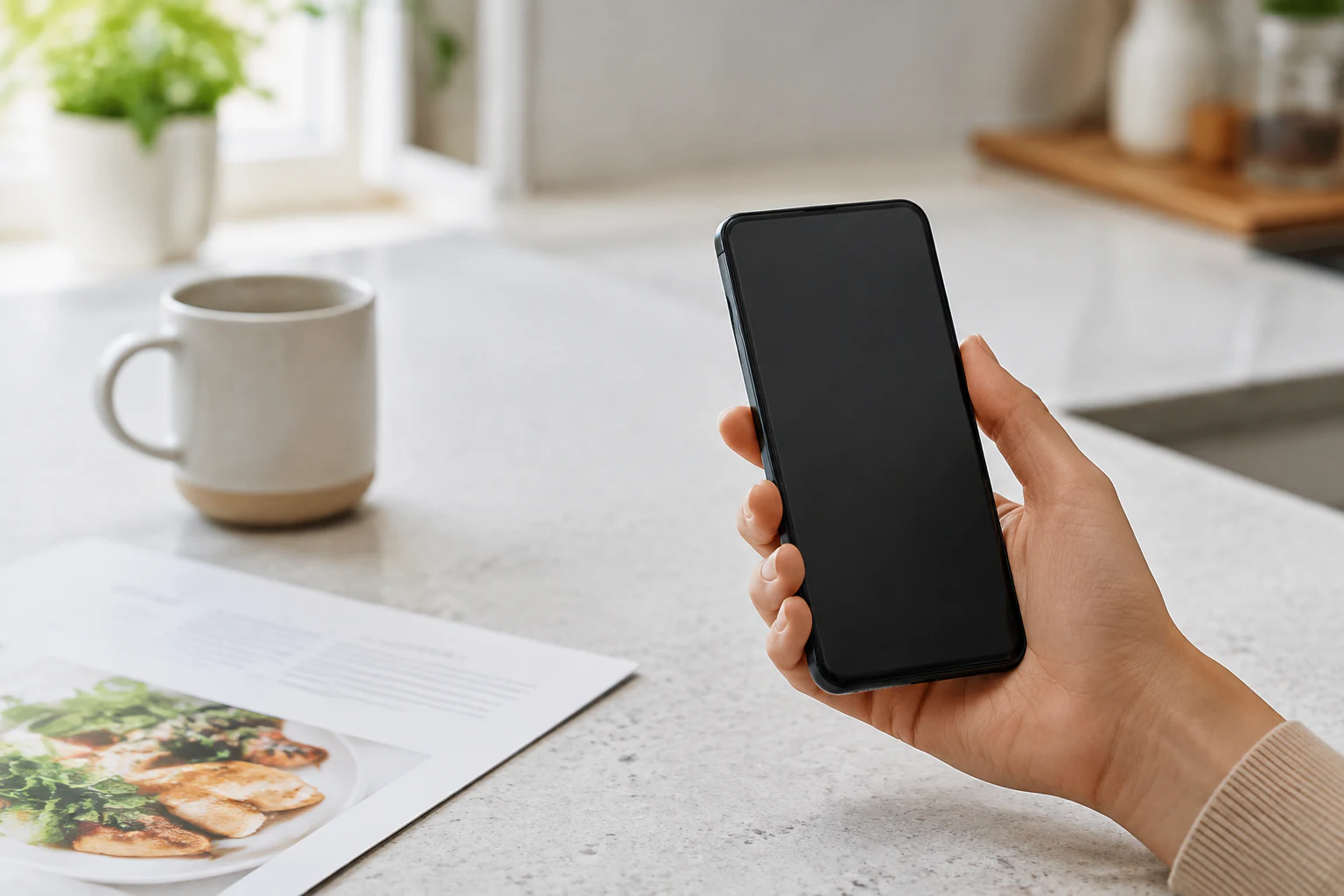 片手で持つ薄型の黒いスマートフォンとキッチンの朝の風景