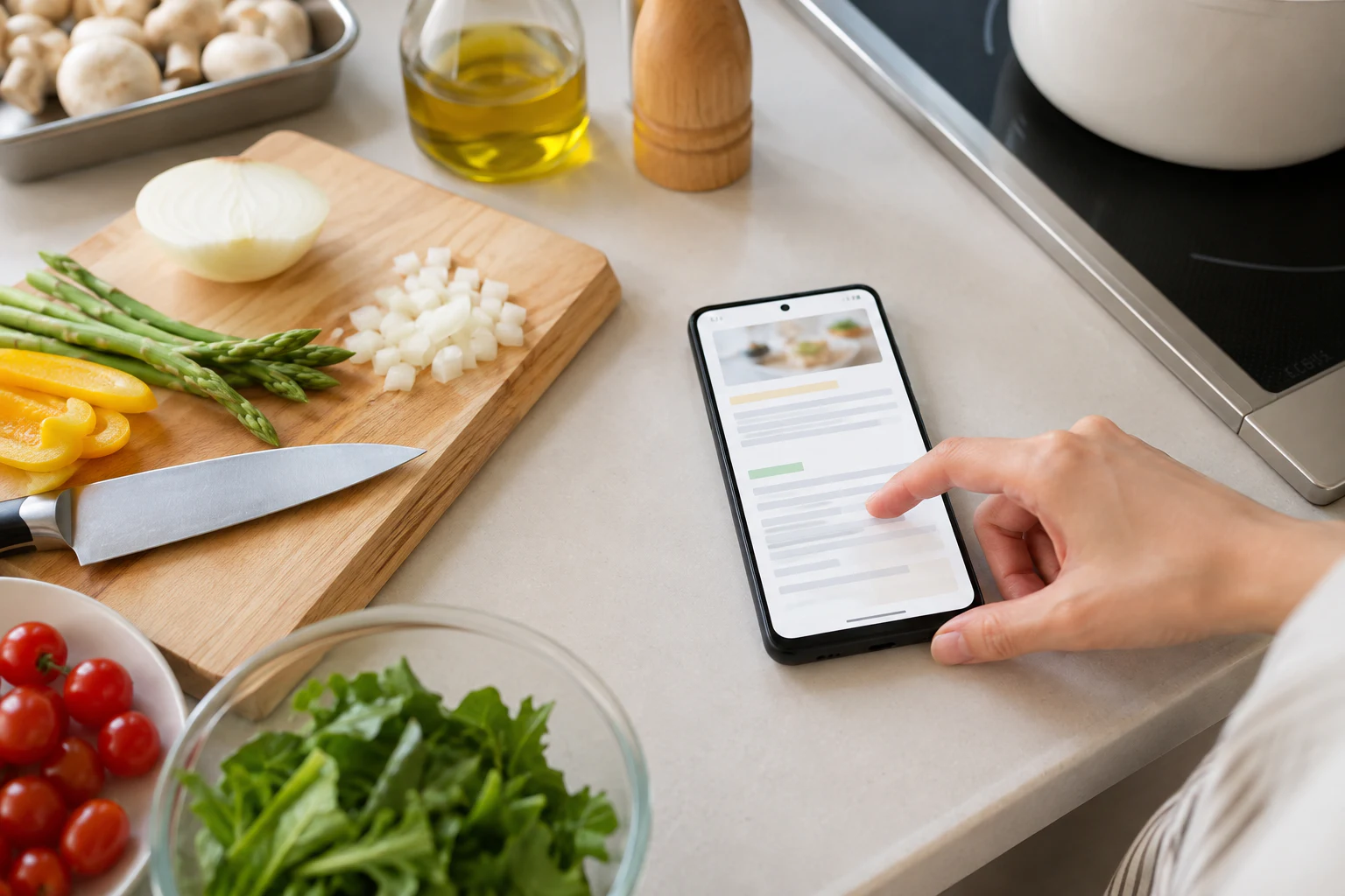 キッチンでレシピを確認しながら薄型スマートフォンを操作するイメージ