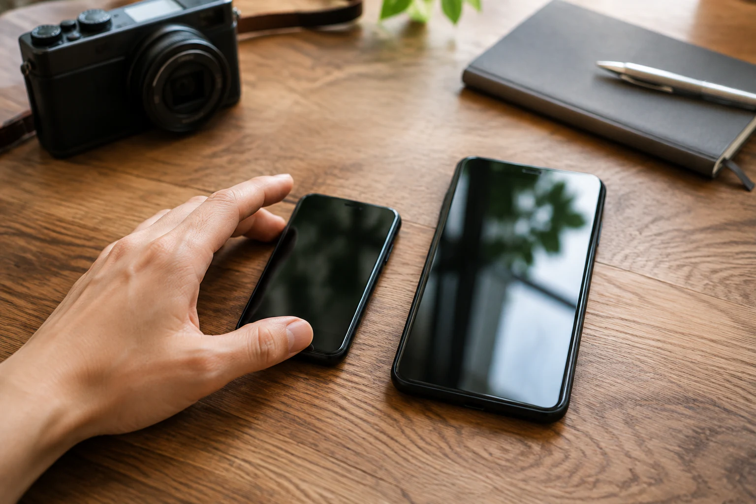 サイズの異なる2台のスマートフォンを机の上で比べるイメージ