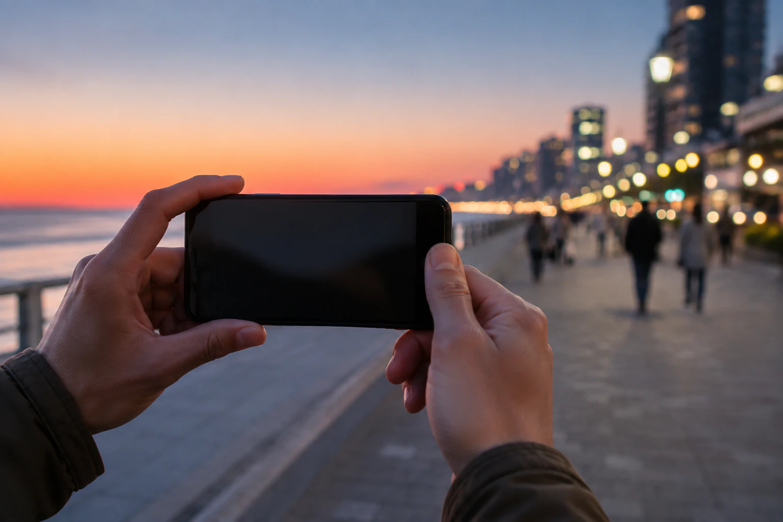 夕暮れの海辺でスマートフォンを横向きに構えて動画を撮るイメージ