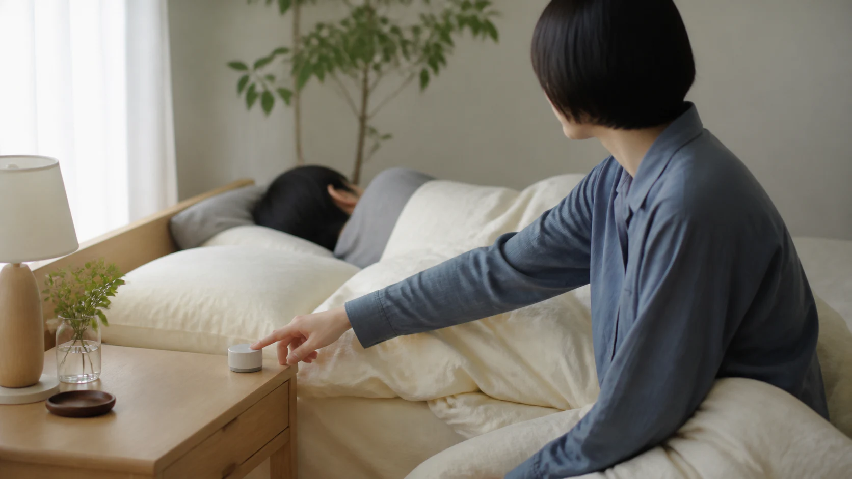 同室者を起こさずに小さな端末を操作する寝室のイメージ