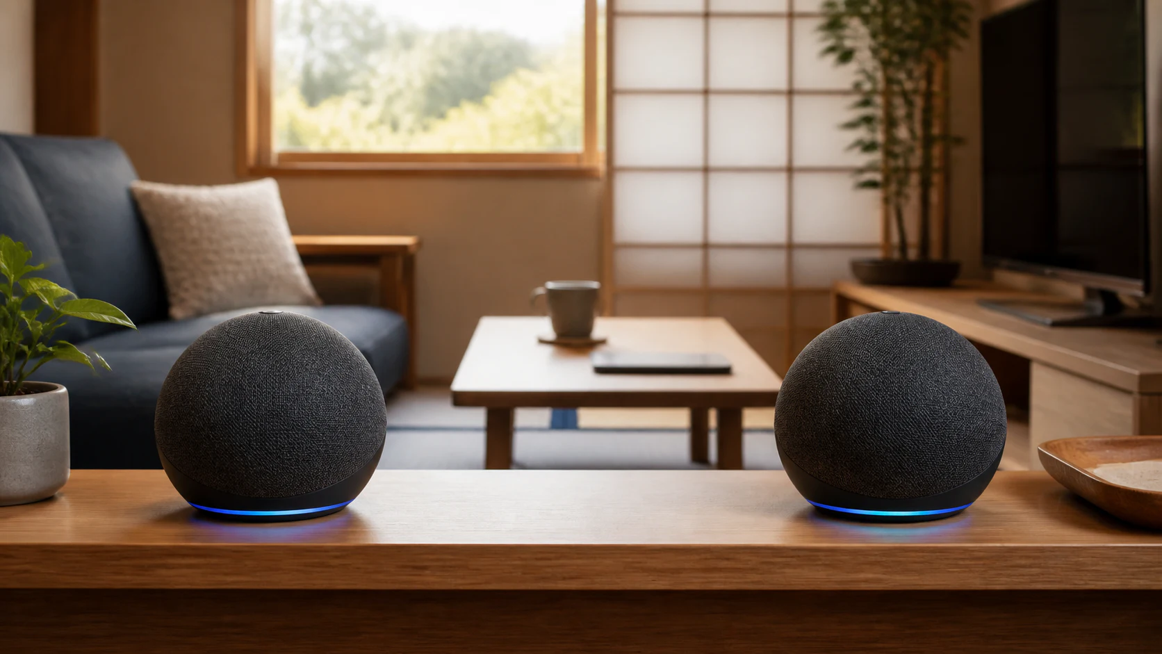 左右に分けて棚へ置いたAmazon Echo Dot第5世代のステレオペア