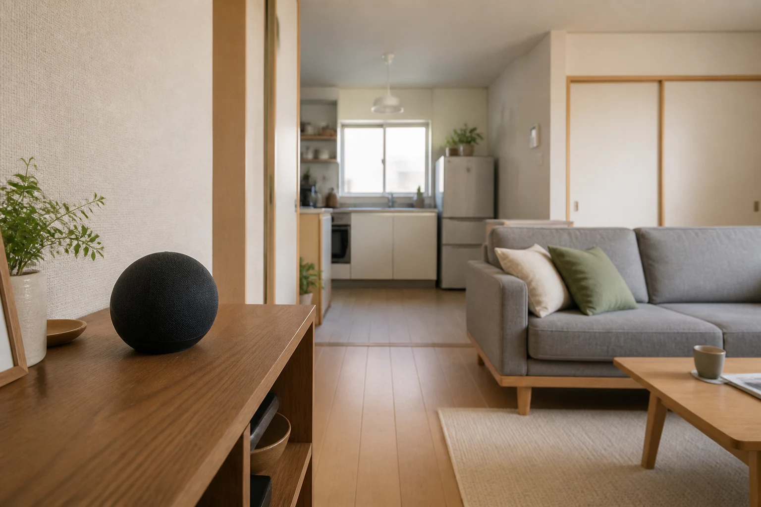 部屋の片側の棚に置いた小型スマートスピーカーと、奥のソファ・キッチン