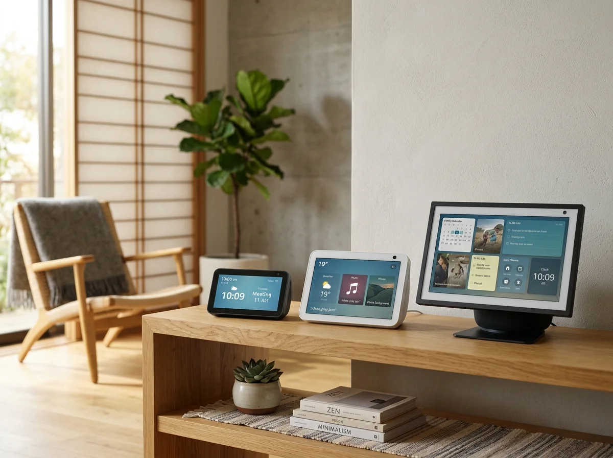 Amazon Echo Showシリーズが並んだリビングの棚