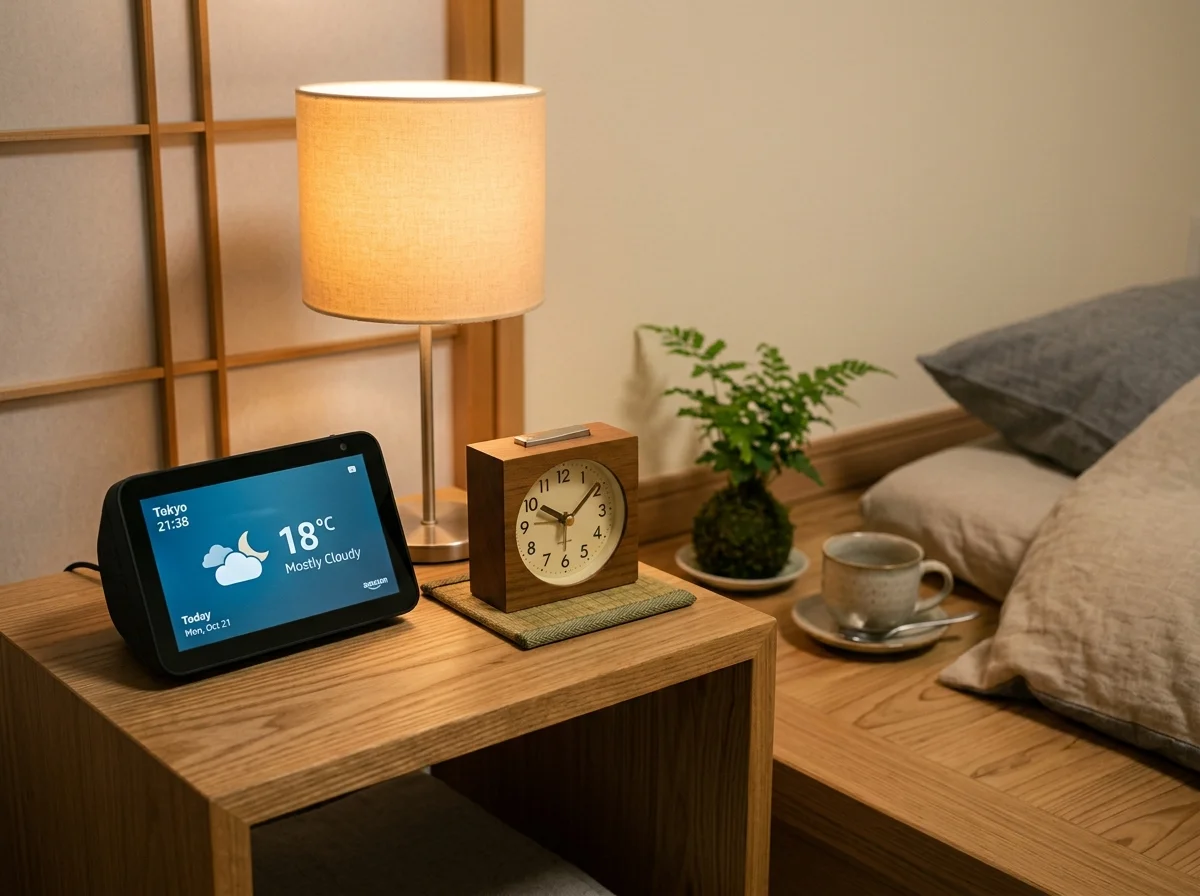 Echo Show 5が置かれたベッドサイド