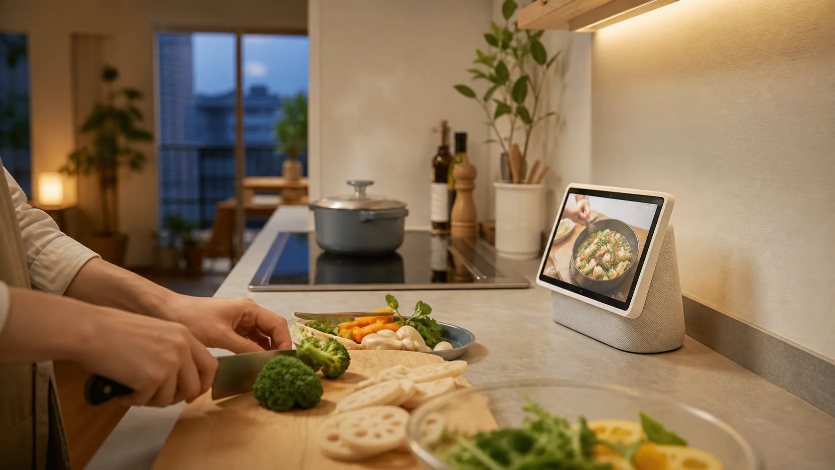 日本のキッチンで料理中に使うスマートディスプレイのイメージ