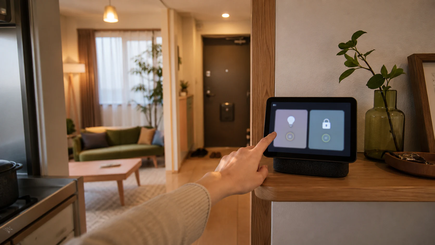 キッチンからリビングや玄関の機器を操作するスマートディスプレイ