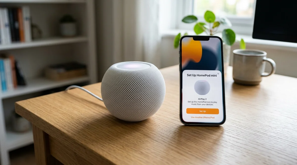 HomePod miniとiPhoneでAirPlay 2のセットアップ画面を表示している様子