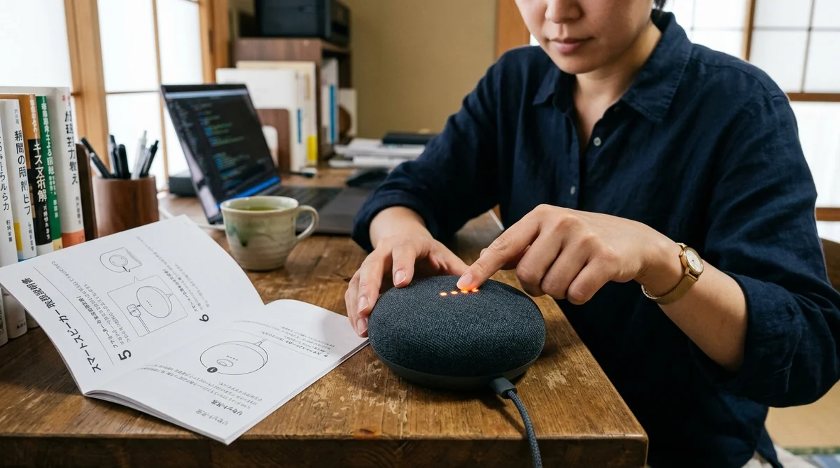 スマートスピーカーのリセット操作をしている手元のクローズアップ