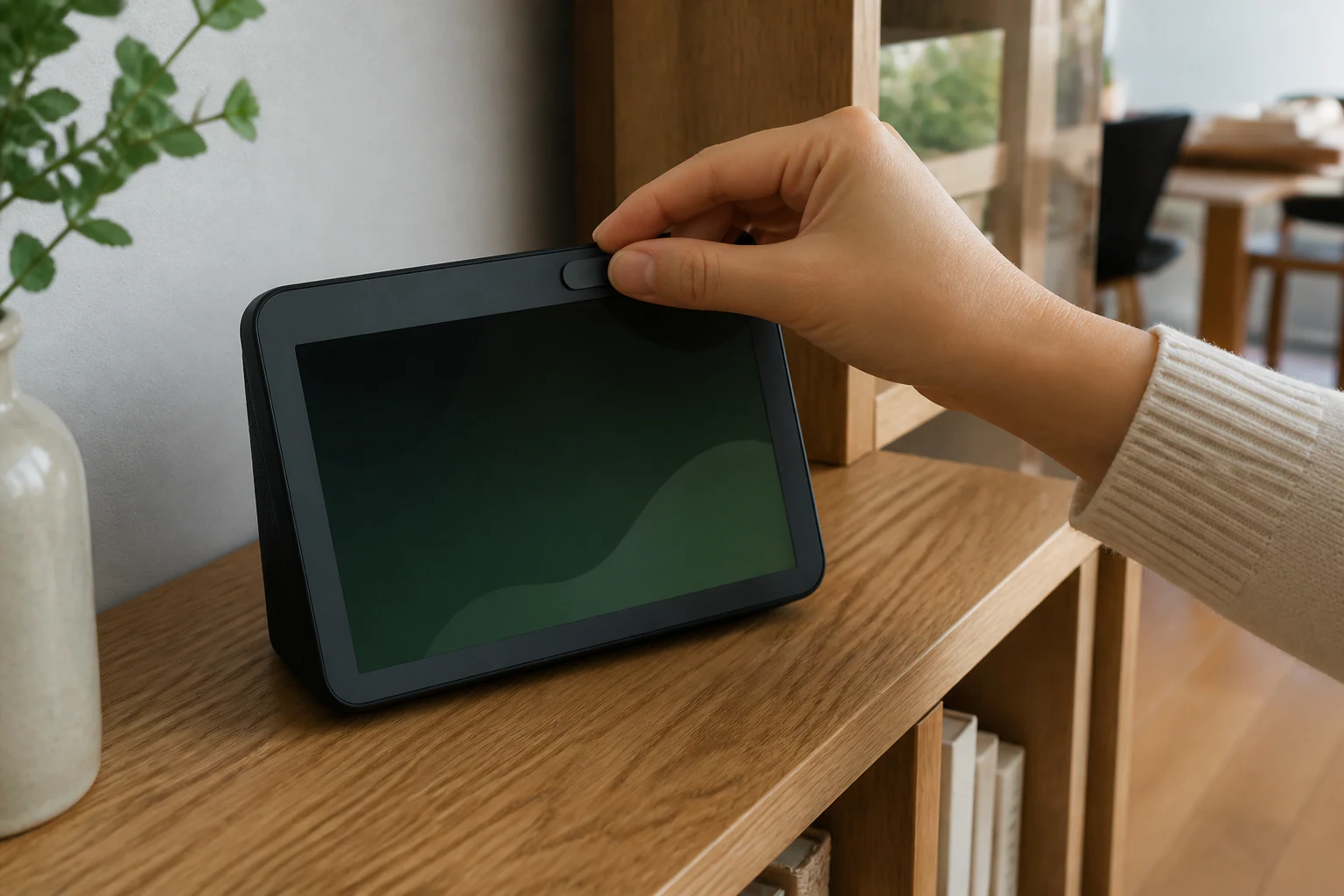 スマートディスプレイのカメラシャッターを閉じる手元
