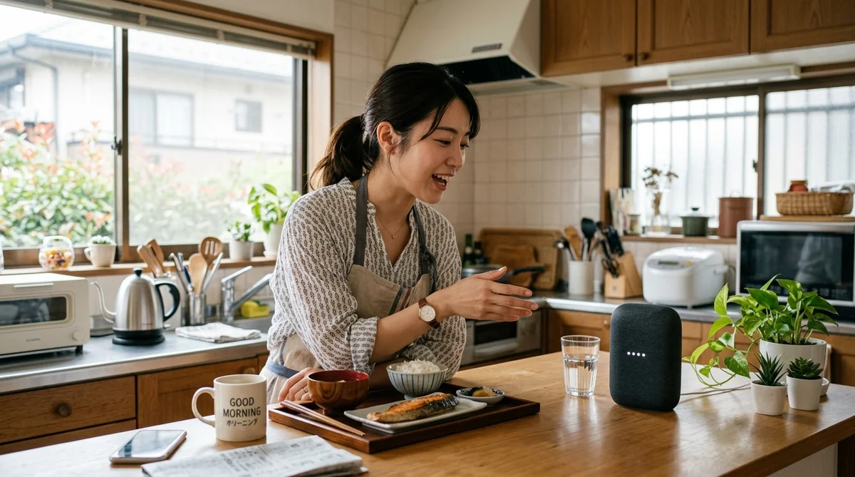 キッチンカウンターでスマートスピーカーに話しかけている様子