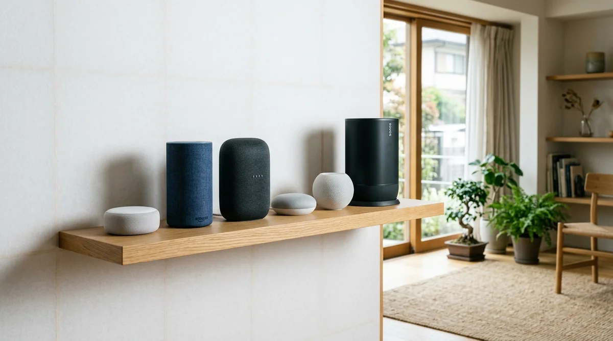 各ブランドのスマートスピーカーを棚に並べたサイズ比較