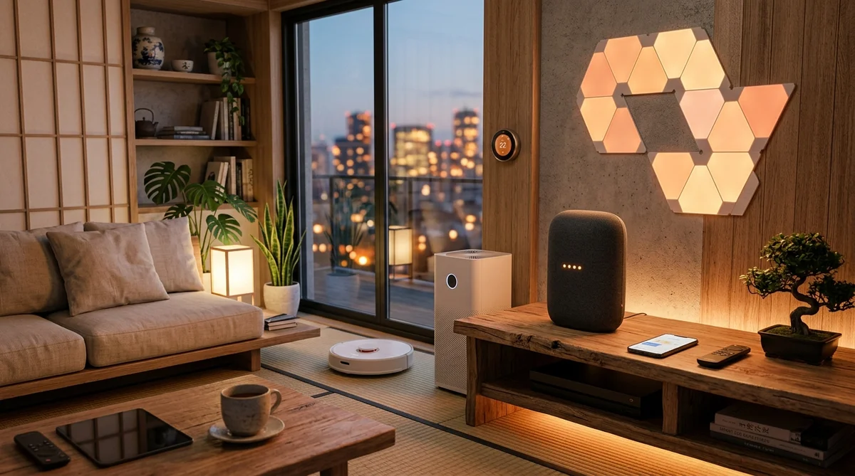 リビングのスマートスピーカーを中心にスマートホームデバイスが連携する様子