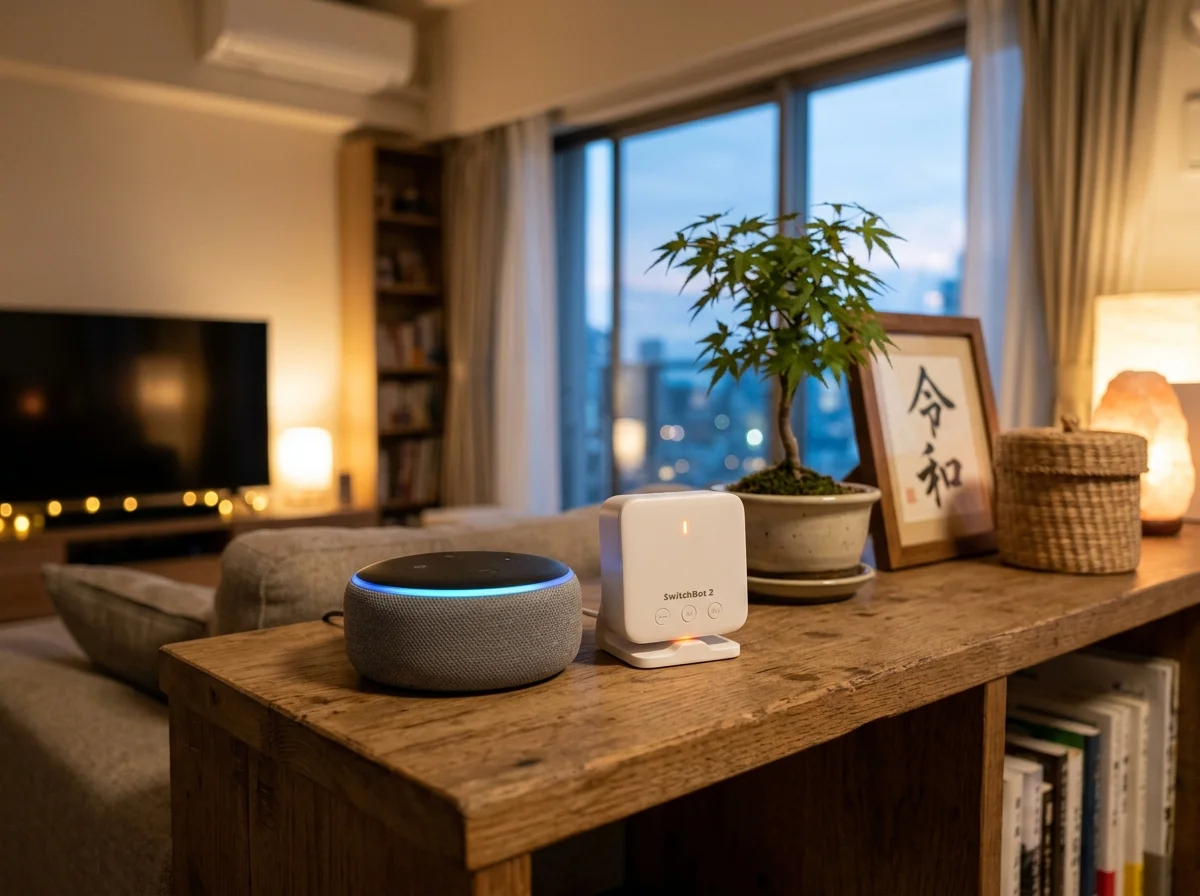 Amazon EchoとSwitchBot Hubが並ぶスマートホームのリビング