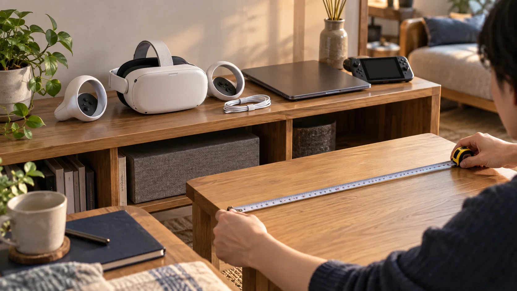 白いMeta Quest 3SとノートPC、ゲーム機、充電ケーブルを家の棚で使い分ける場面