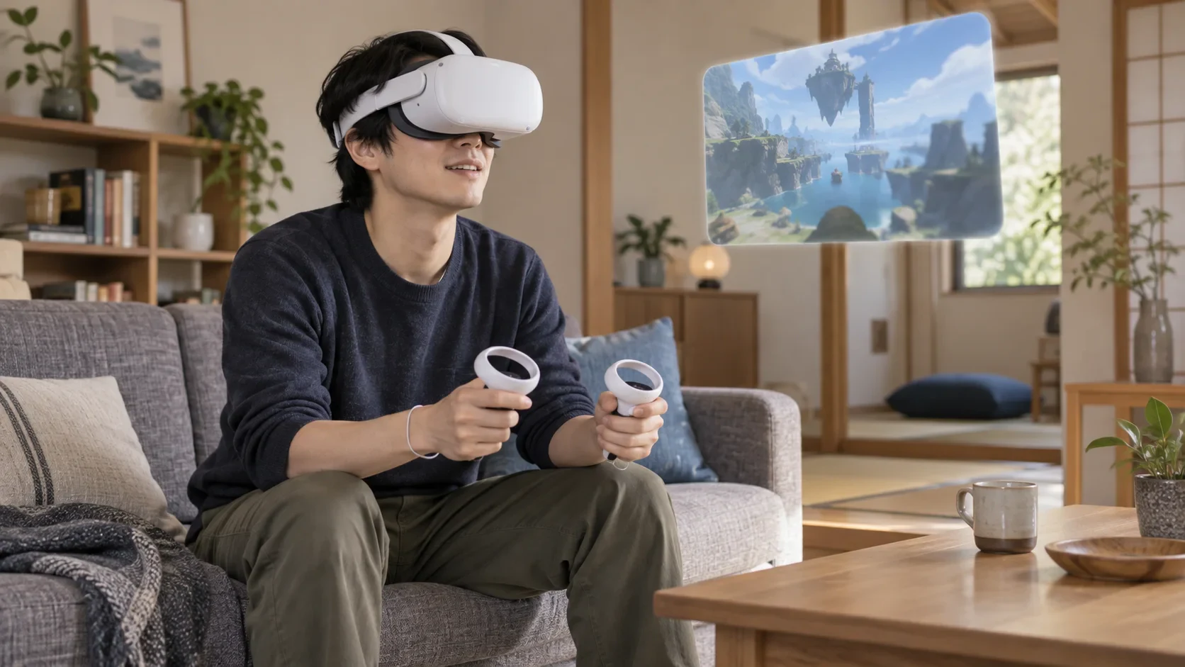 VR用Touchコントローラーを両手で持ち、平面ゲームを操作するイメージ