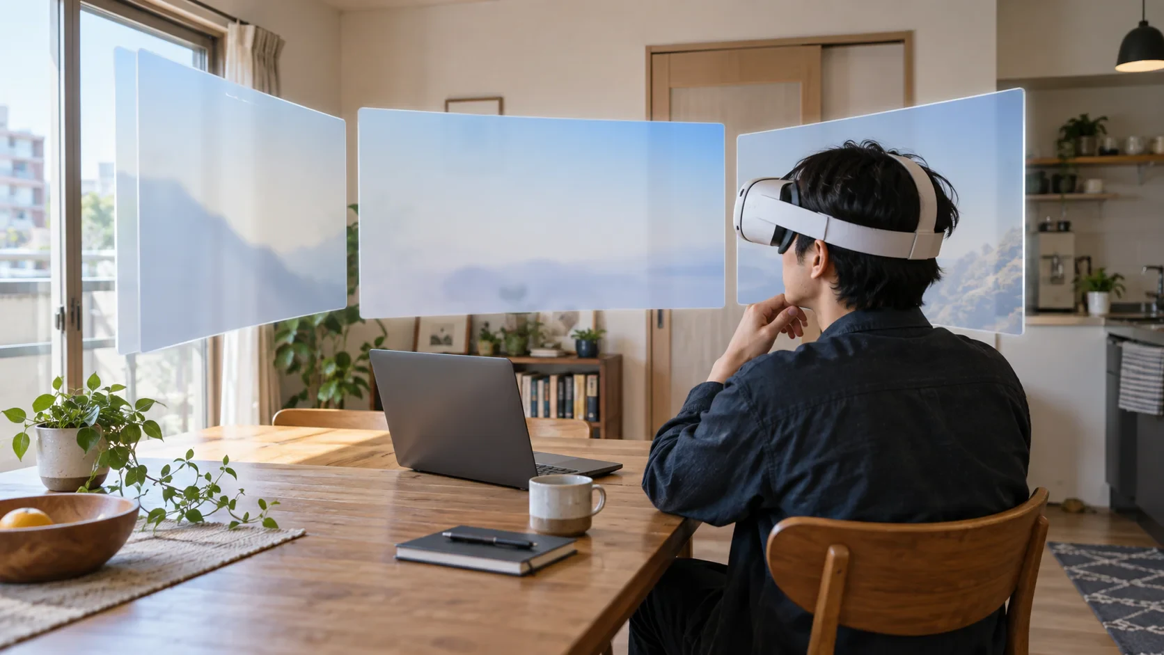 小さな書斎でノートPCを送り元にして、Questの視界へ3枚の仮想画面を並べたイメージ