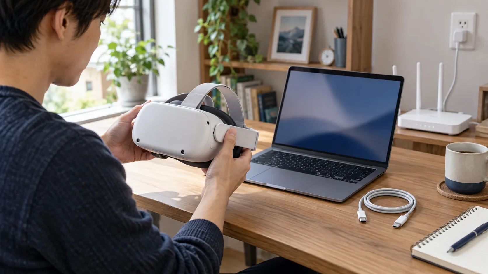 自宅の机でQuestの設定画面とノートPC、HDMIキャプチャー機器を順番に確認するイメージ
