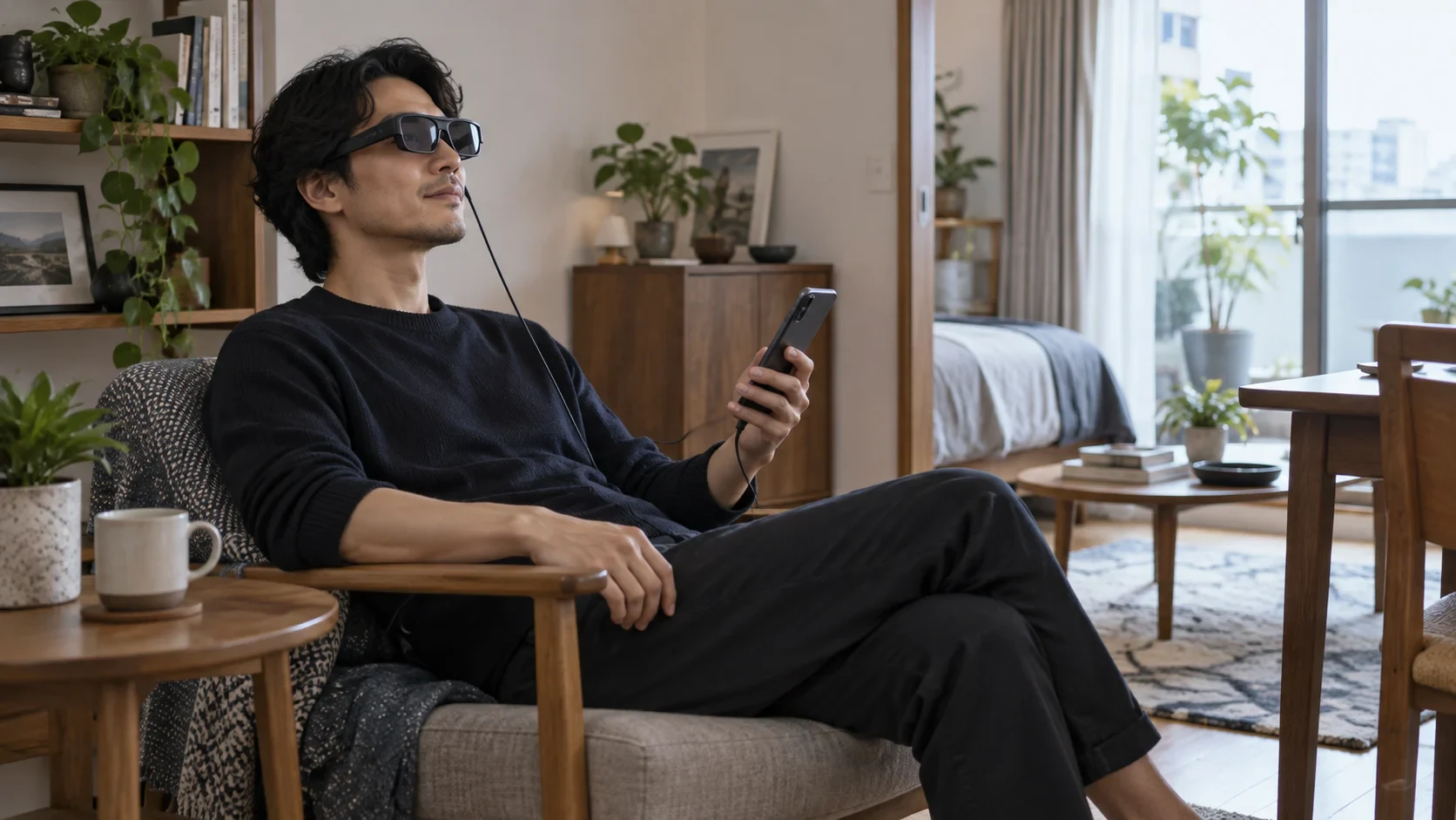 椅子に座った人がARグラスをスマートフォンへUSB-C接続して使うコンパクトな生活場面